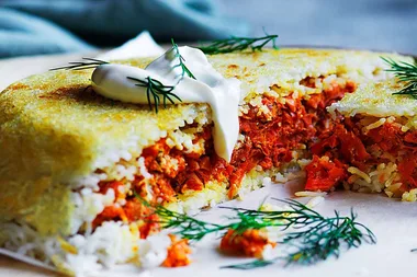 Caramelised carrot, feta and rice pie