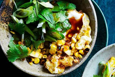 Crispy eggs with charred corn and Asian chilli salad