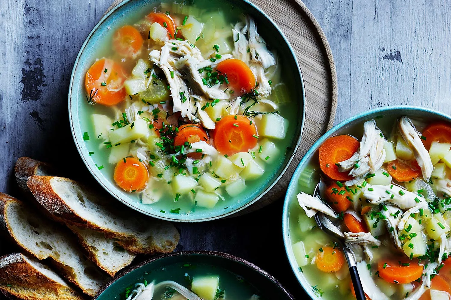 Country style chicken soup with herbed egg drop
