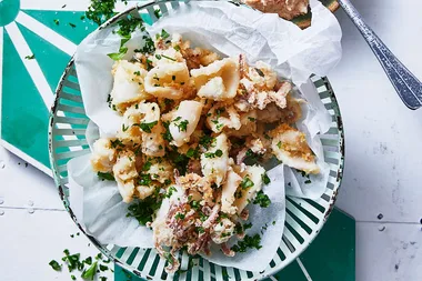 Crispy baby calamari with spiced carrot tzatziki