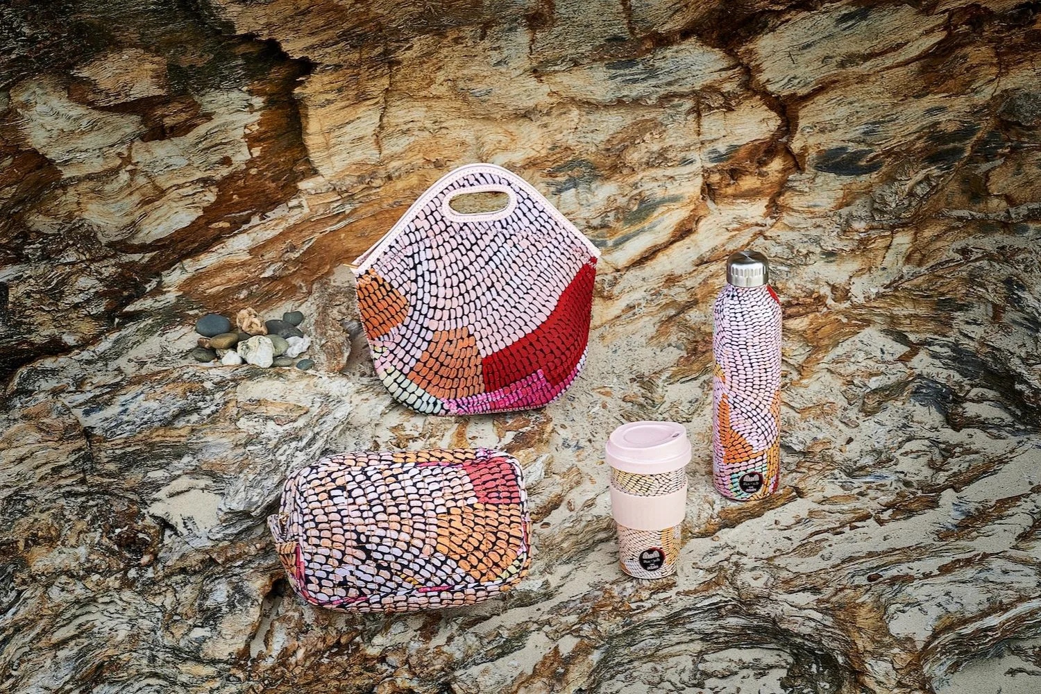 Adairs bag, cup, bottle with Indigenous art patterns