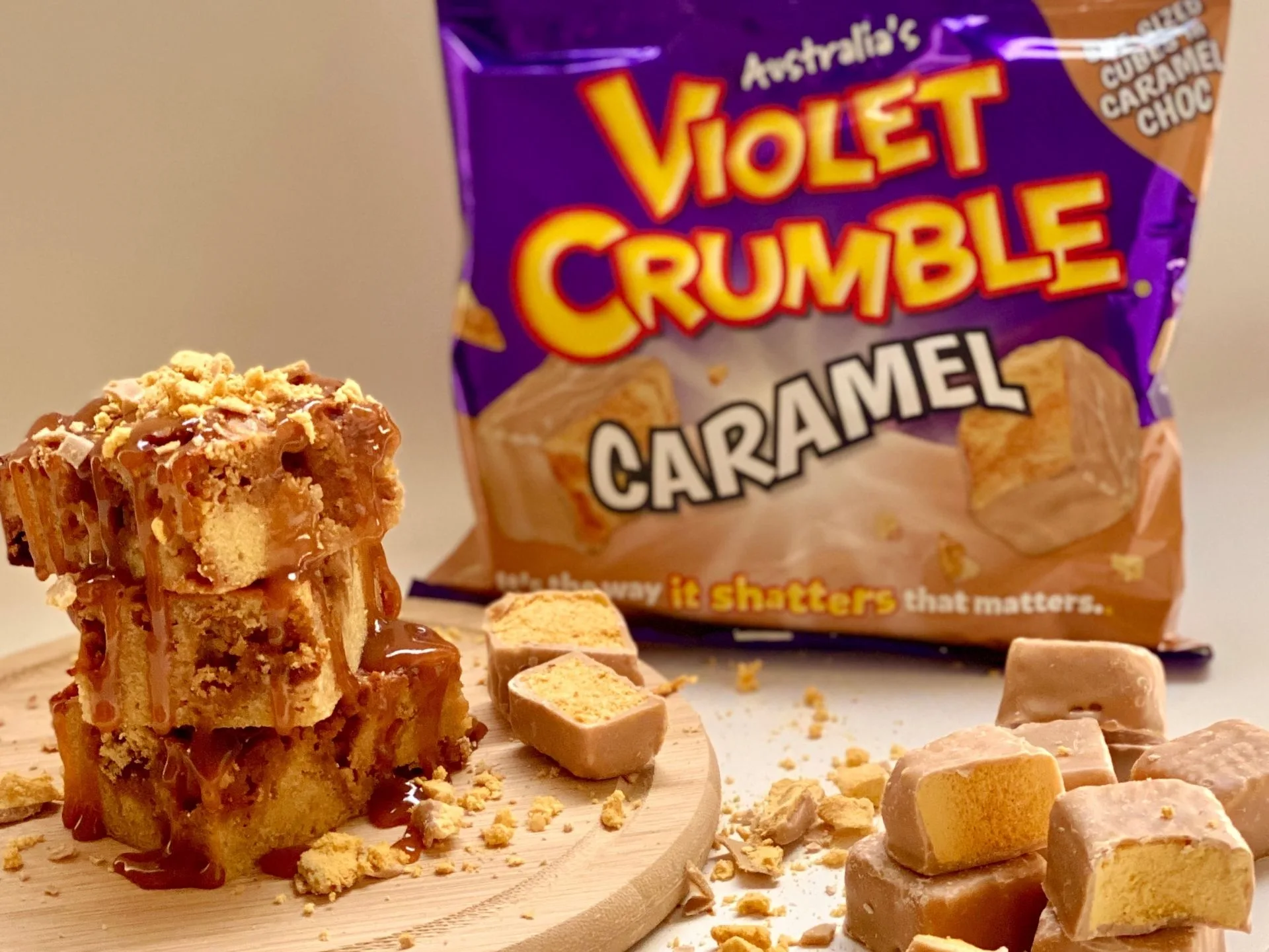Caramel Violet Crumble Blondies