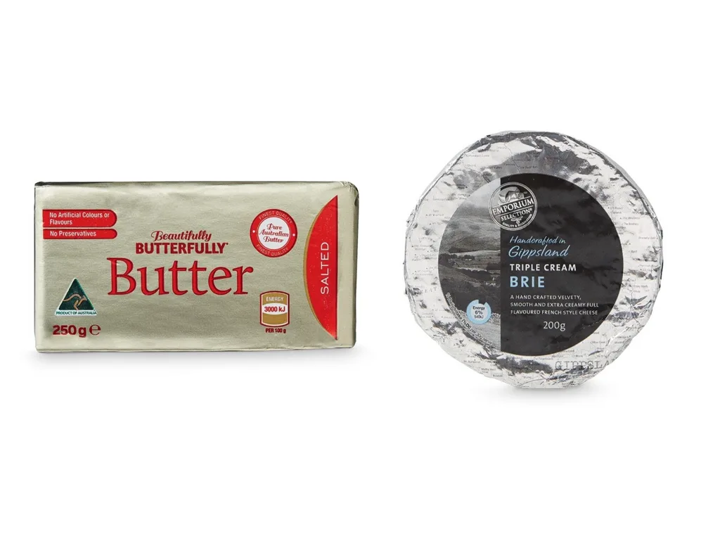 product shot of butter and brie