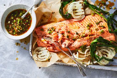 Baked salmon with citrus soy dressing and fennel