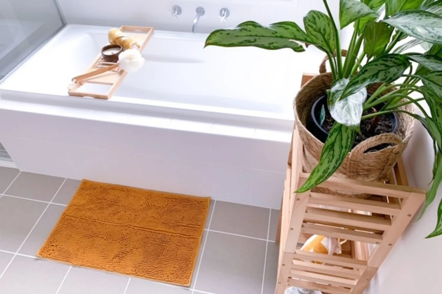 fancy bath tub with plant beside it and orange mat