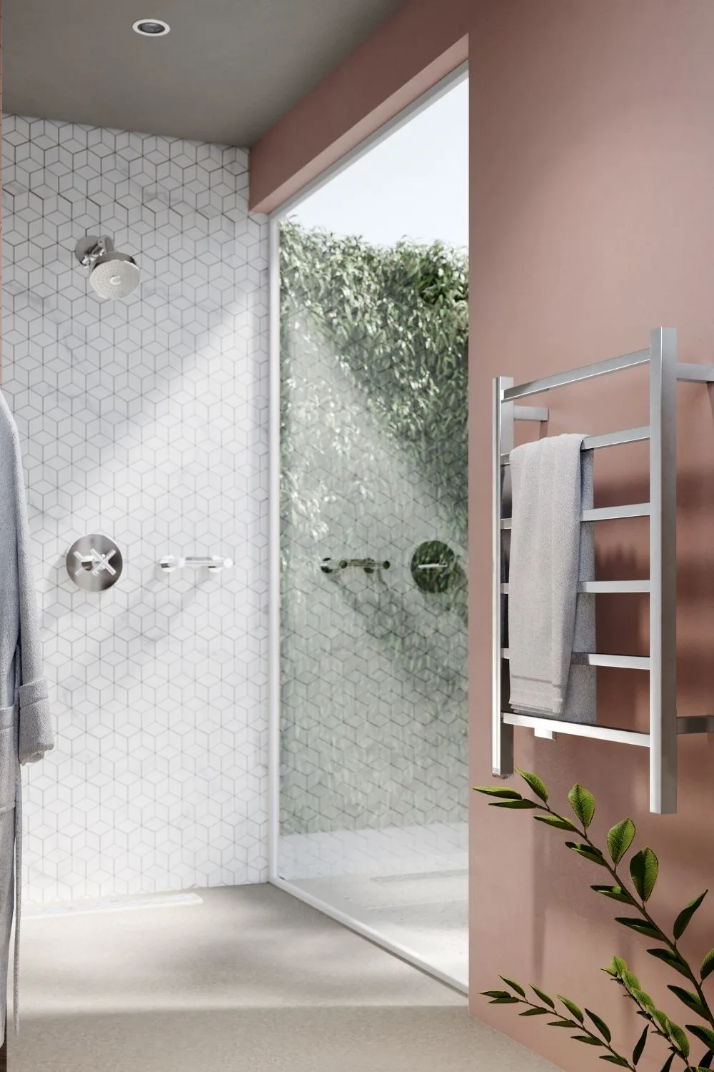 Silver towel rack in bathroom