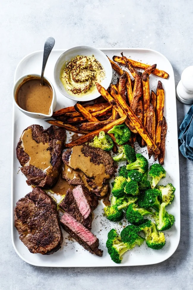 Steak Diane recipe with vegs and chips
