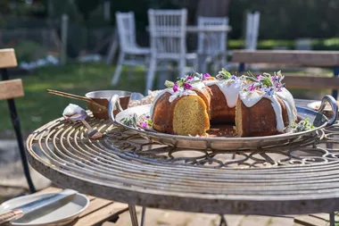 Fast Ed’s garden herb, almond and rose petal cake