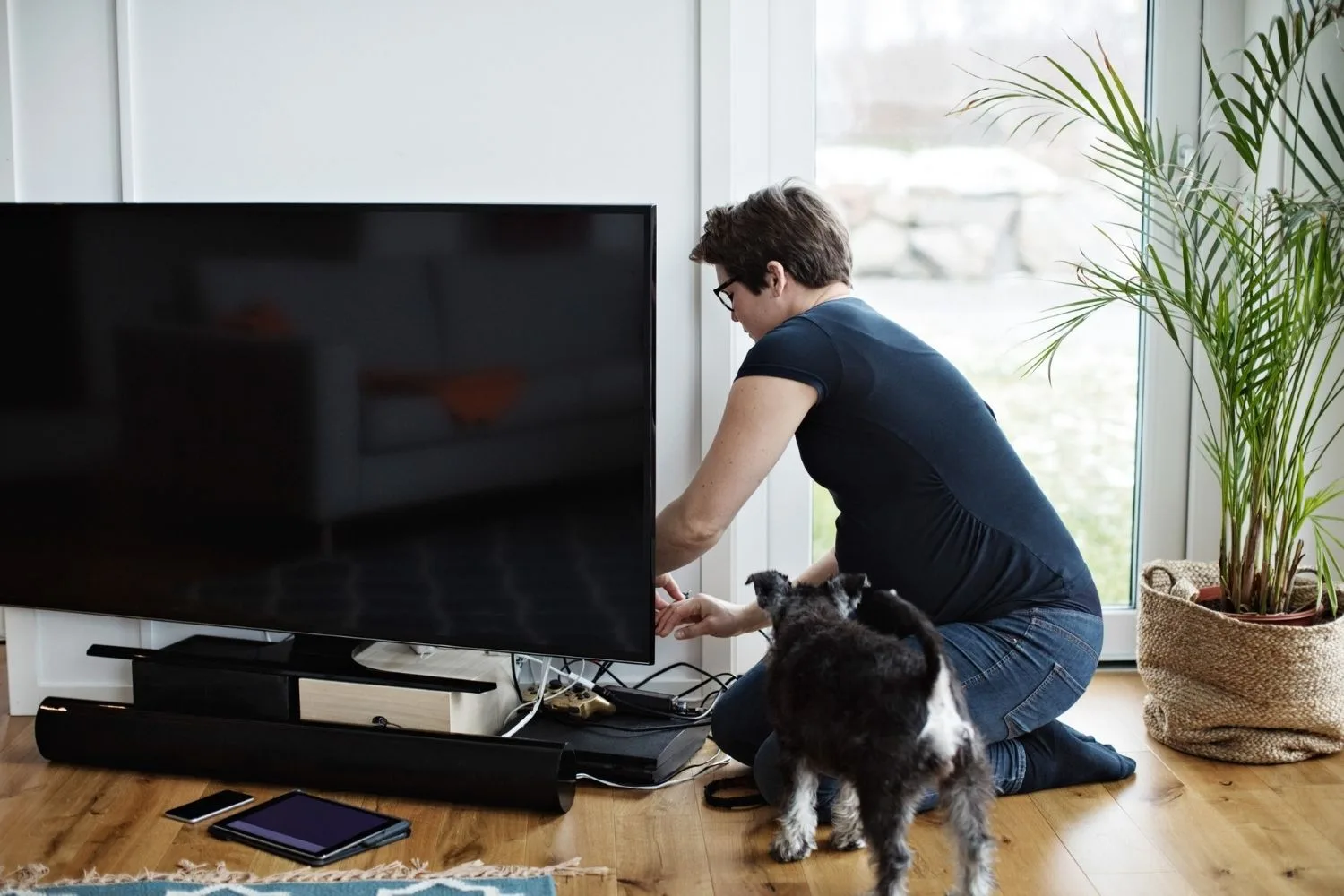Pregnant woman setting up tv