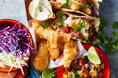 Crispy fish tacos with quinoa and mango salsa