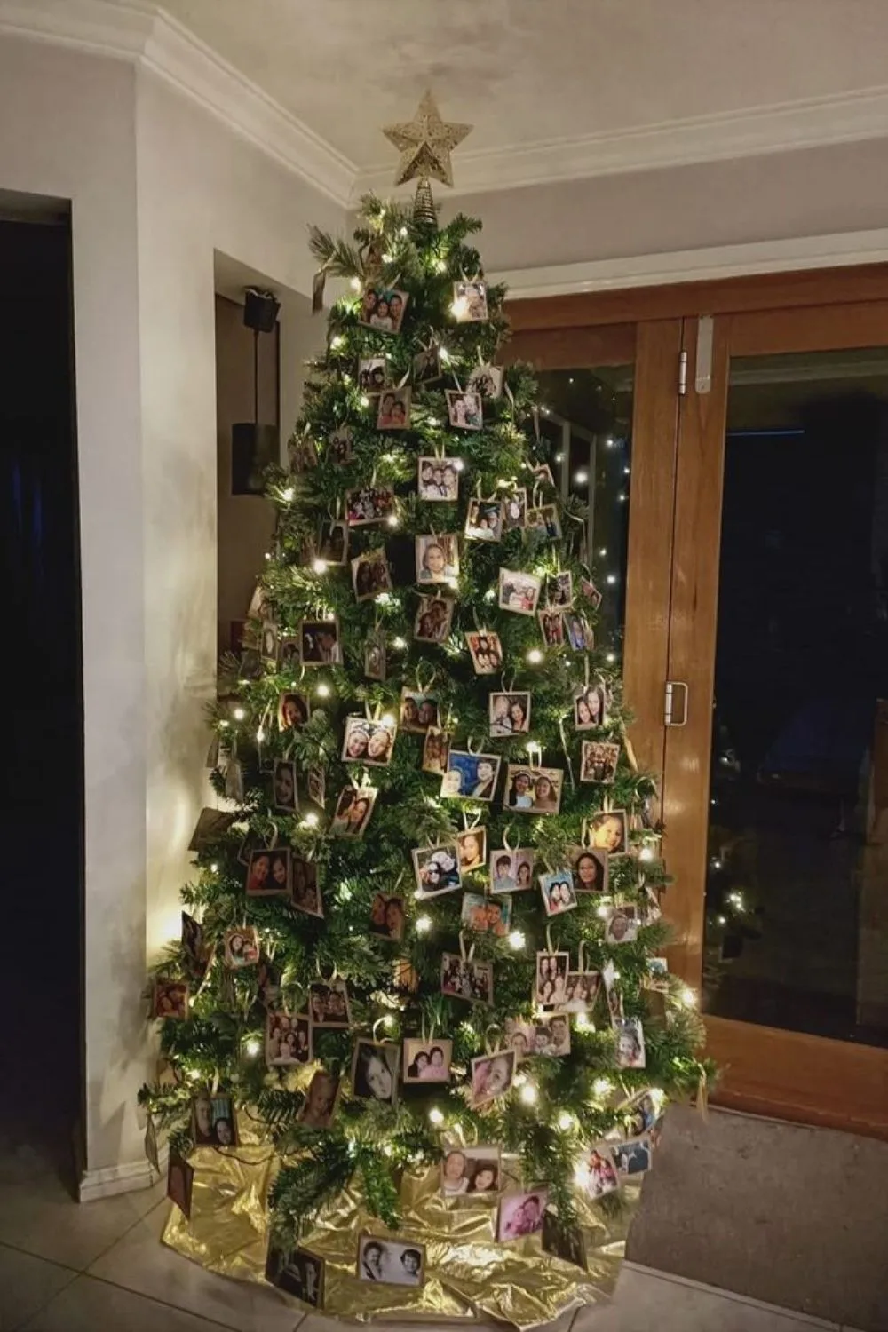 christmas tree with lights and photos