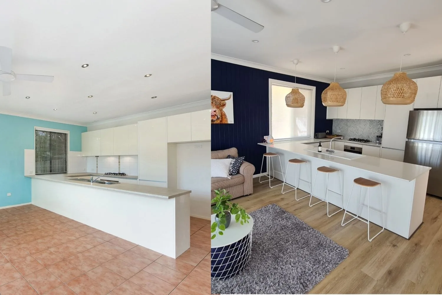 Reader reno: A white, Scandi-style kitchen with a navy VJ wall