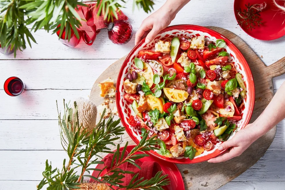 panzanella salad perfect for christmas salad with homemade croutons and heirloom tomatoes