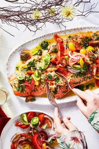 Baked ocean trout fillet with tangy salsa criolla