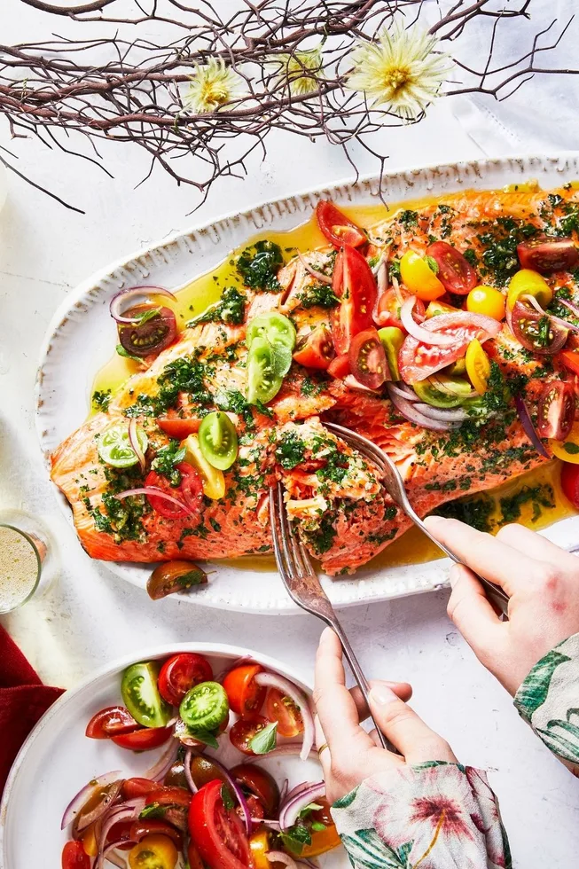 Baked ocean trout fillet with tangy salsa criolla
