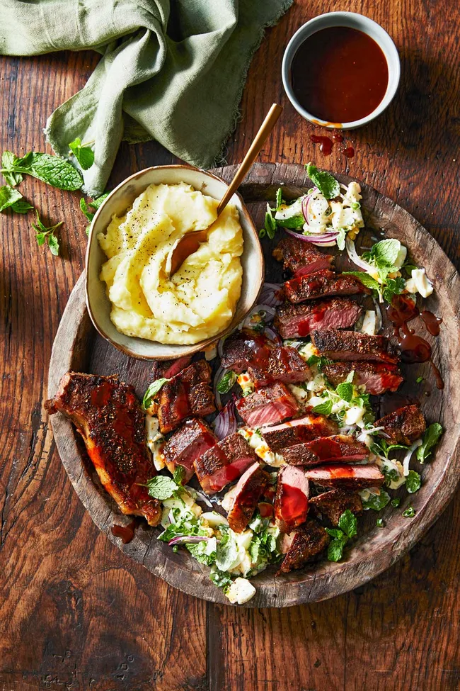 Seed-crusted striploin with egg salad