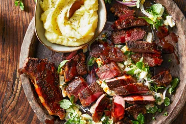 Seed-crusted striploin with egg salad