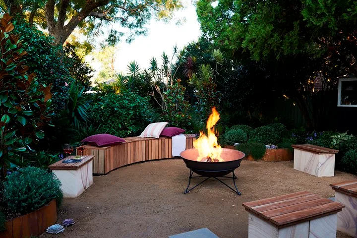 Fire pit surrounded by bench seating