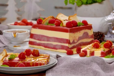 Layered vanilla and raspberry semifreddo with salted caramel vanilla sauce