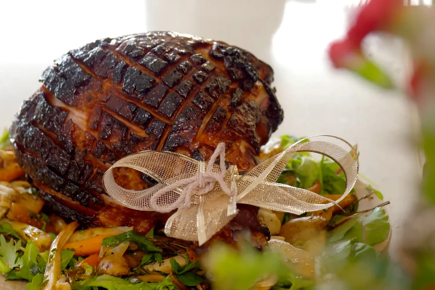 Honey-glazed half leg ham with vinegar-glazed vegetables