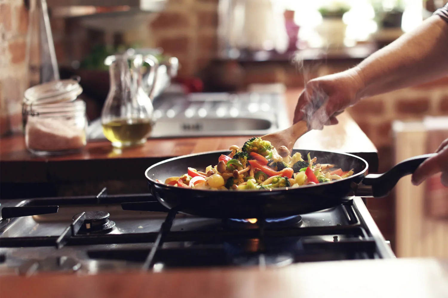 Cooking stir fry on a gas stove