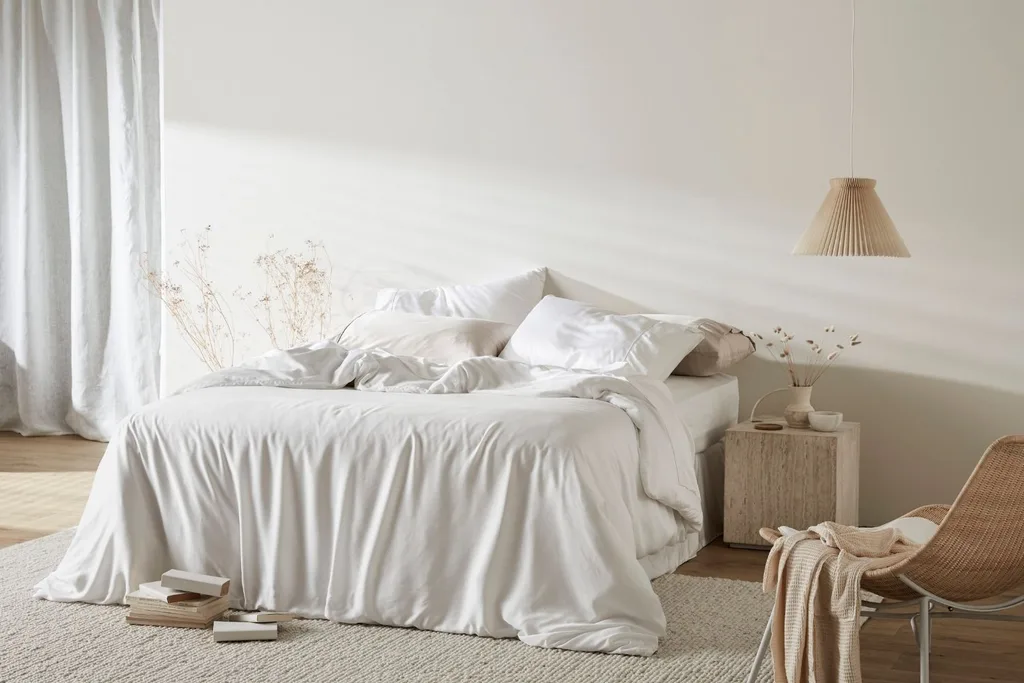 Bed made up with white and soft grey linen