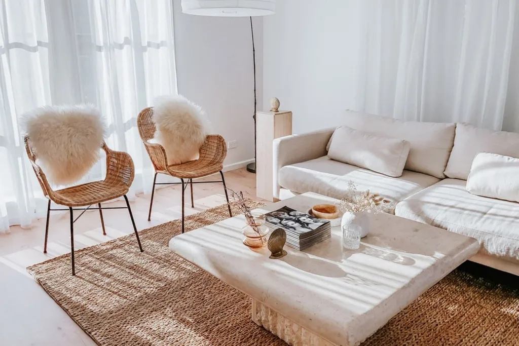 Coastal living room with two wicker occasional chairs
