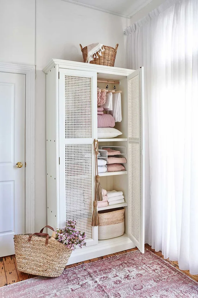 Linen closet with rattan door panels