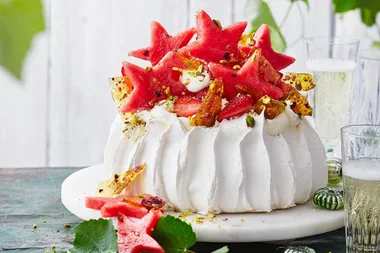 Watermelon star pavlova with rosewater cream