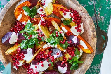 Colourful roast vegetables with tahini dressing