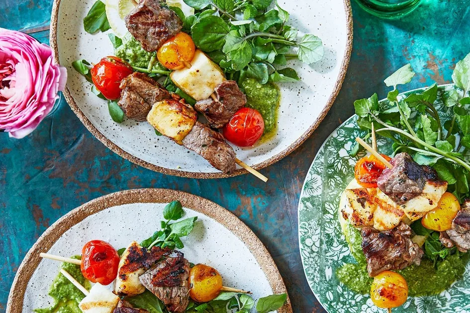Lamb, tomato and haloumi skewers with pesto Recipe - Better Homes & Gardens Australia