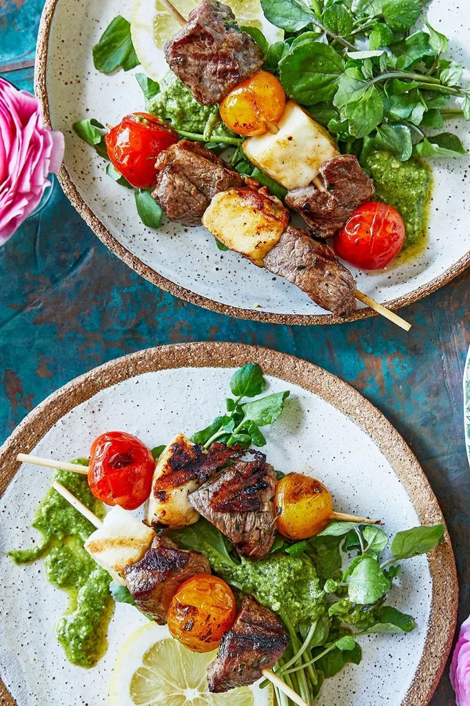 Lamb, tomato and haloumi skewers with pesto