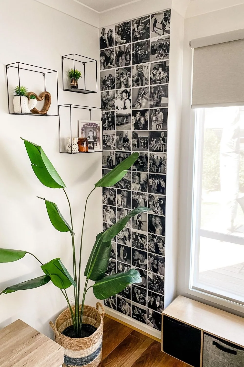 Step 3 involves fixing the photos to a wall with double-sided tape or another adhesive.