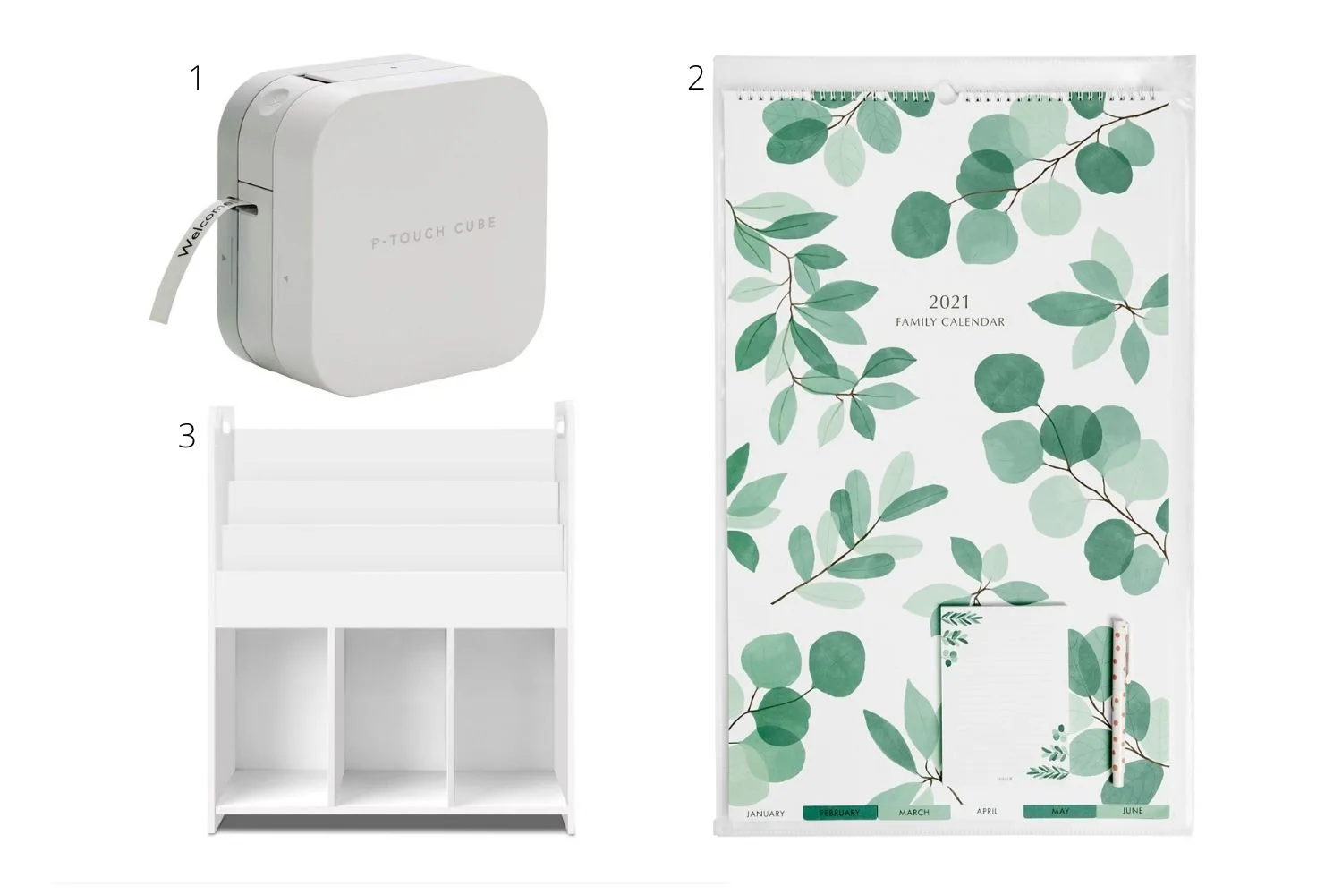 A label maker, book shelf and a family organisation calendar