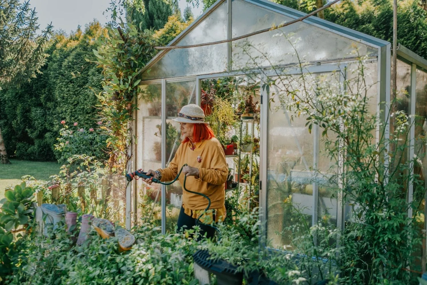 woman watering plants in greenhouse