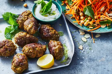 Garlic and sumac lamb rissoles with carrot and chickpea salad