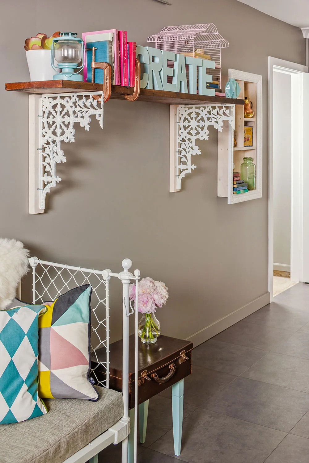 Decorative floating shelving in a home office