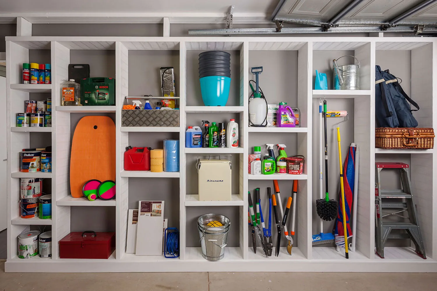 Organised garage storage shelving
