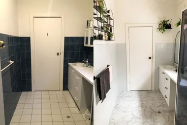 This stunning bathroom makeover cost only $550 using self-stick vinyl floor tiles