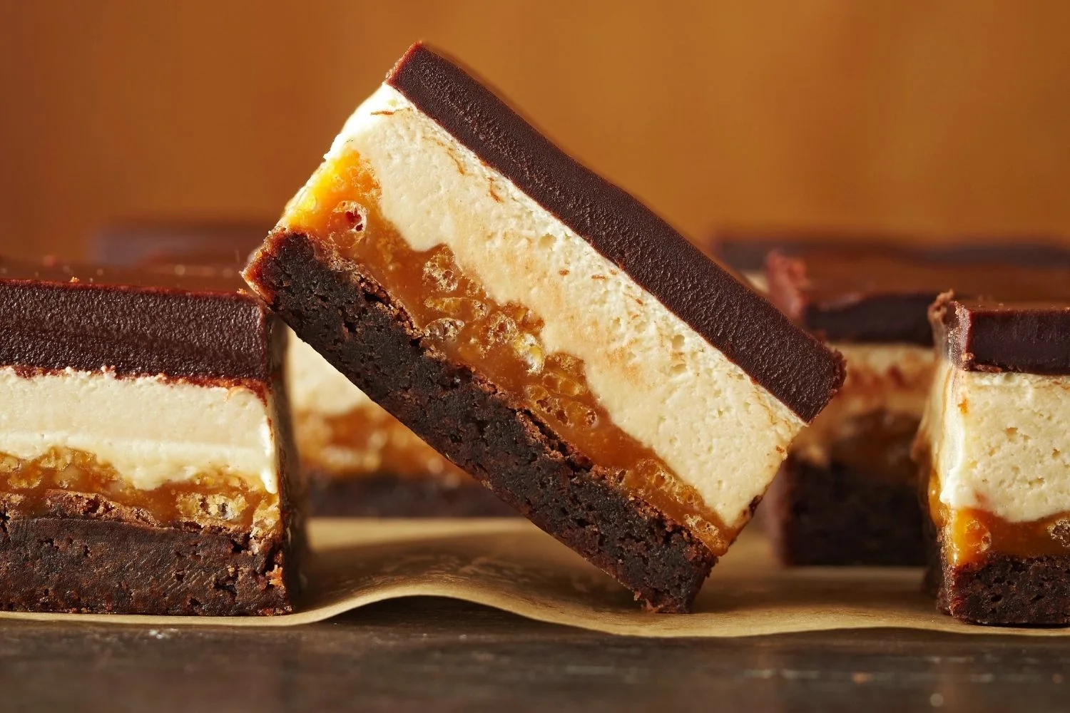 Four-layer caramel-crunch nougat brownies