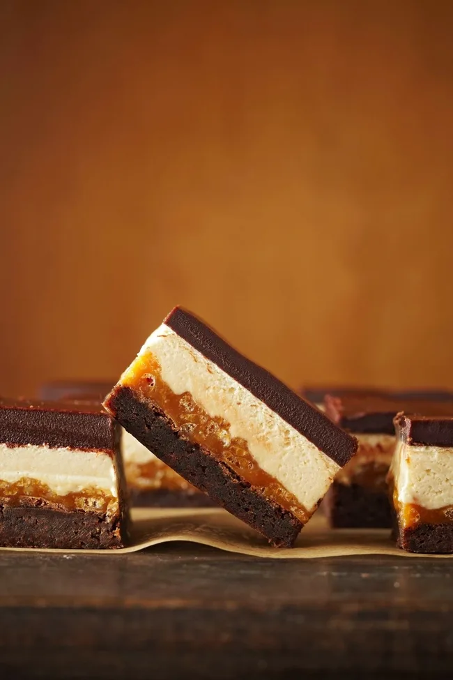 Four-layer caramel-crunch nougat brownies