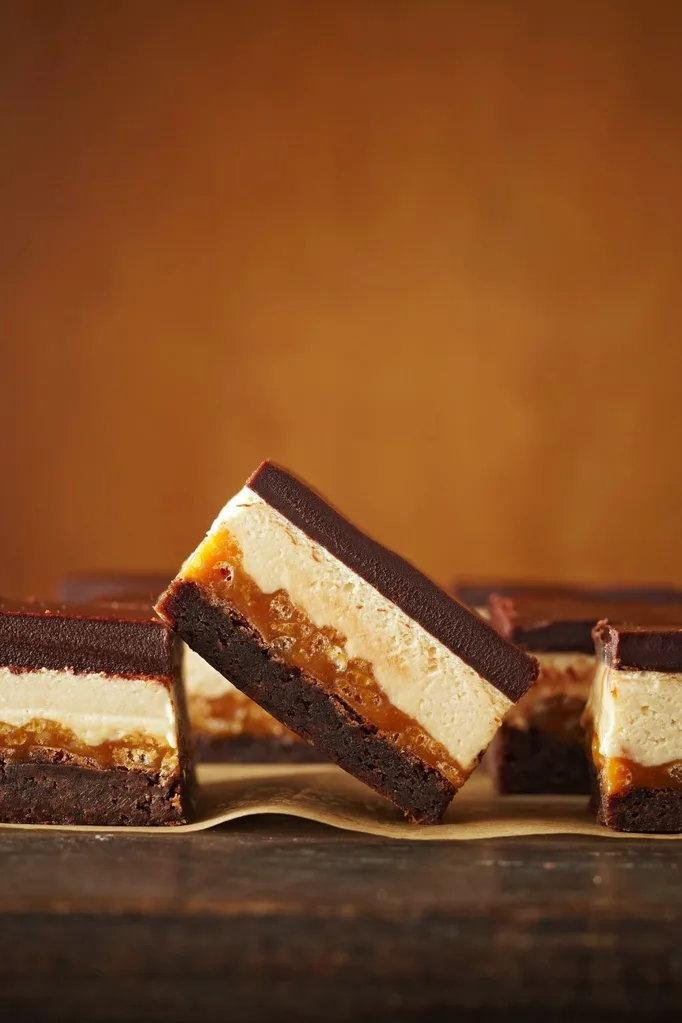 Four-layer caramel-crunch nougat brownies