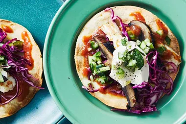 Marinated mushroom and halloumi tostadas