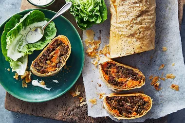 Beef, sweet potato and caramelised onion strudel