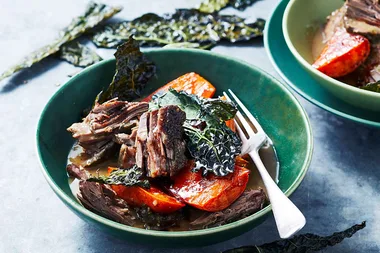 Slow-roasted beef oyster blade with candied sweet potatoes and crispy Tuscan kale chips