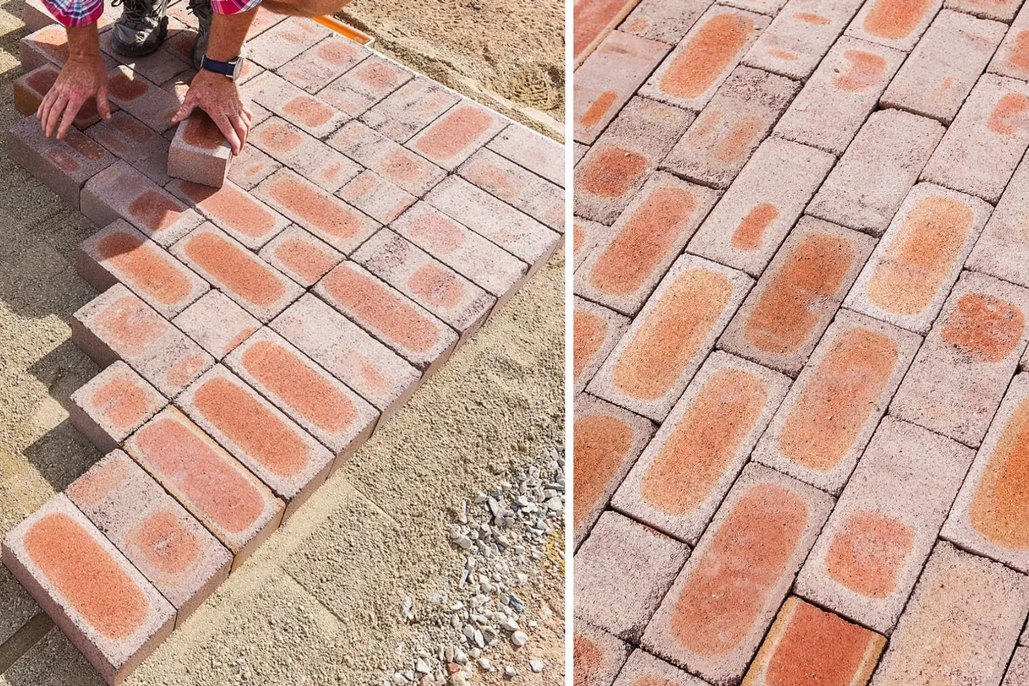 Brick pavers being laid in a running bond pattern.