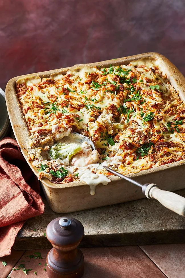 chicken divan in square tray with spoon sticking out and chives sprinkled on top