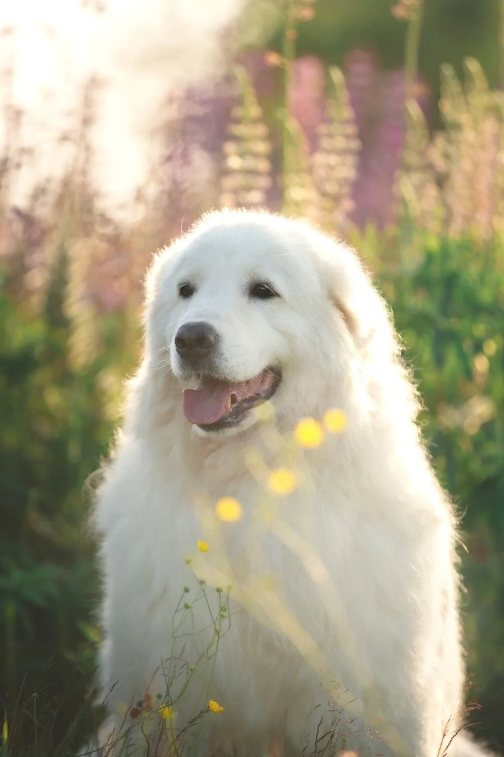 Maremma sheepdog sitting in a field of flowers