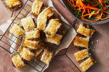 Herb and cheese bear claws with carrot and sultana salad