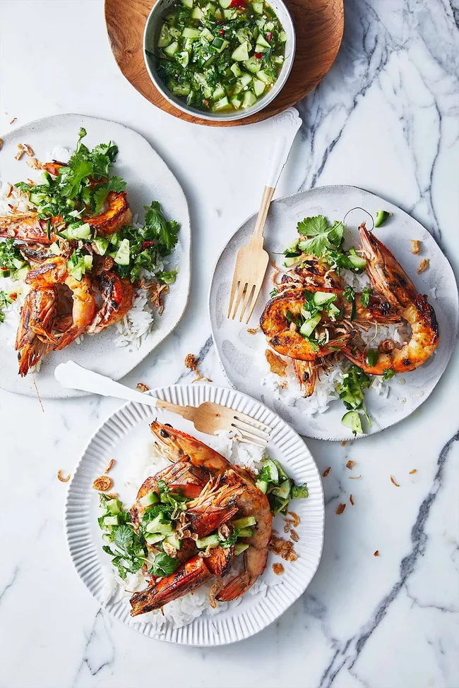 Karen Martini's barbecue prawns with cucumber relish